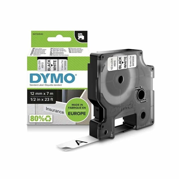 DYMO D1 Lettertape 45013 Zwart op Wit 12mm (origineel)